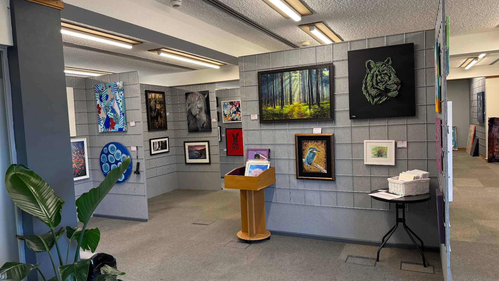 Gallery display with framed artworks